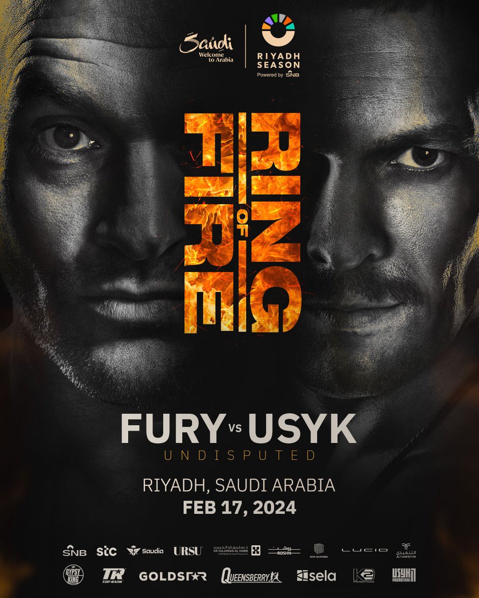 𝐔𝐧𝐝𝐞𝐟𝐞𝐚𝐭𝐞𝐝. 𝐔𝐧𝐝𝐢𝐬𝐩𝐮𝐭𝐞𝐝. 

Tyson Fury 🆚 Oleksandr Usyk for all the marbles 🏆

#RiyadhSeason delivers as promised 🤝

#RingofFire | #FuryUsyk | Feb 17