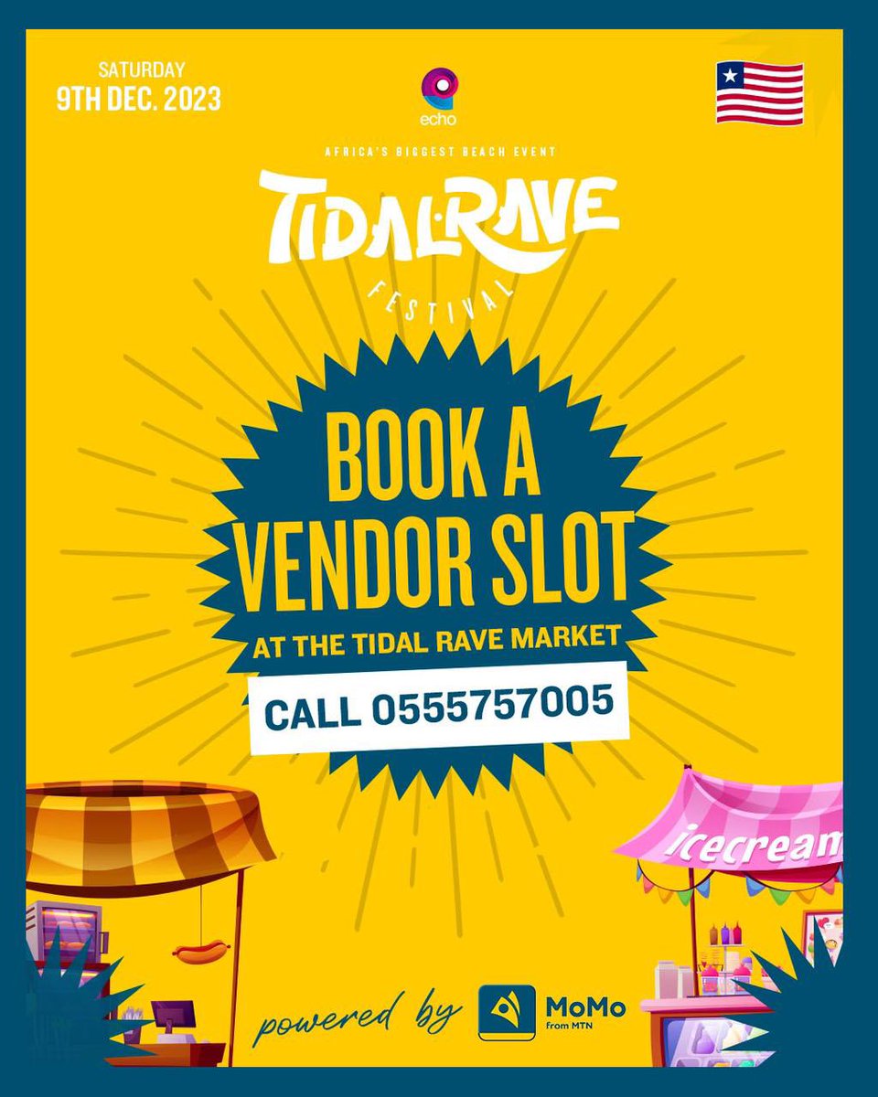 tidalravefest's tweet photo. Calling out the young money makers to make a move at the Tidal Rave Market. 

This year’s market is powered by MTN MoMo.🇱🇷🇱🇷🇱🇷🇱🇷🇱🇷
#TidalRave23
#TheNewRave
#TidalRaveLiberia https://t.co/rp7DCgJByW
