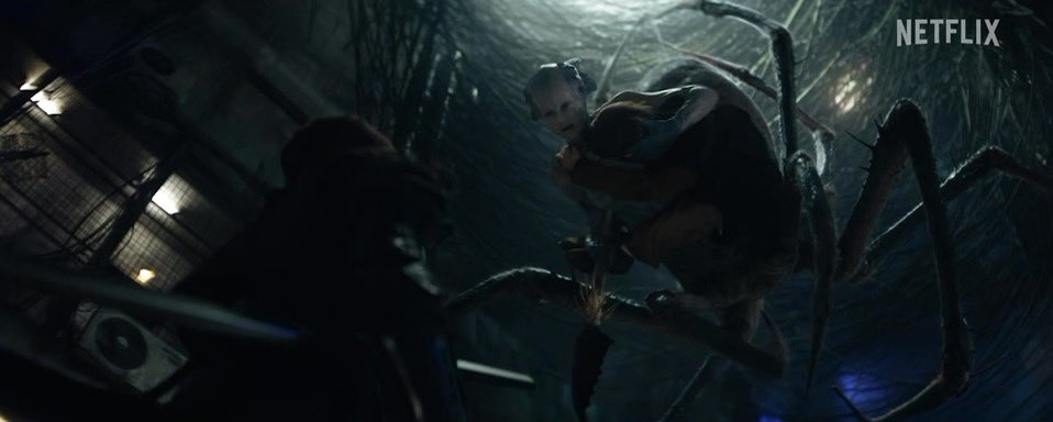 Nemesis’ introductory scene, for example, is maybe the coolest fight scene in the film. Wielding two flaming swords, she works to protect a young human child from an alien spider woman (Snyder’s Sucker Punch star Jena Malone) #RebelMoon