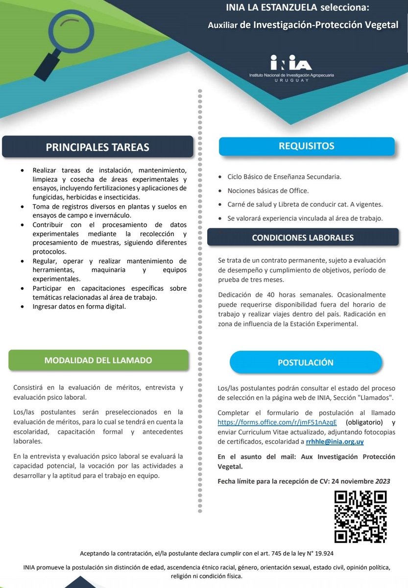 MalezasU's tweet photo. Auxiliar de Investigación - Protección Vegetal / Manejo de Malezas

Sede: INIA La Estanzuela

Formulario de Postulación: https://t.co/vZDQD8N9Zo https://t.co/ecj8e8Jsep