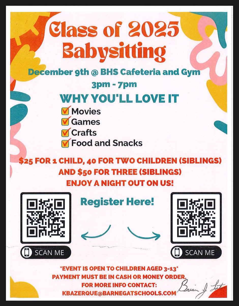 The BHS Class of 2025 is hosting our Second Babysitting Night!! Come on out, drop off your kids, and enjoy your night! Head to this link to fill out the registration form!

docs.google.com/forms/d/e/1FAI…