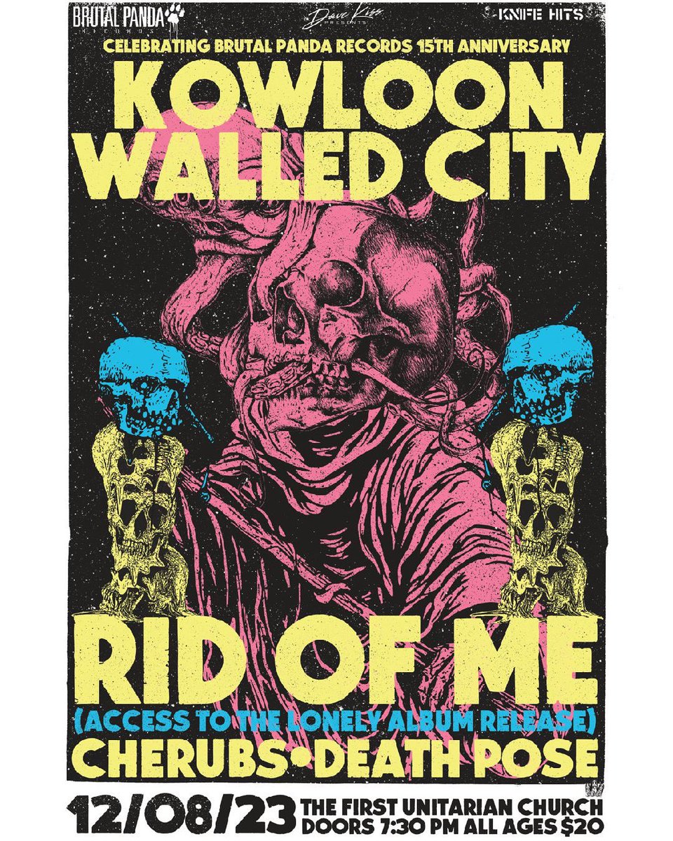 Philly! The third of four <a href="/kowloonwalled/">Kowloon Walled City</a> / Rid Of Me ‘Access To The Lonely’ release shows will be one for the books

12/8 at The First Unitarian Church w/ CHERUBS &amp; DEATH POSE

+ <a href="/BrutalPanda/">Brutal Panda Records</a> 15 Year

<a href="/GRIMGRIMGRIMphl/">GRIMGRIMGRIM</a> selling prints live

<a href="/davekisstweets/">Dave Kiss</a> 

etix.com/ticket/p/65762…