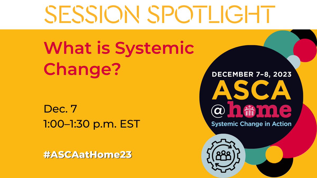 Session Spotlight for #ASCAatHome23: What is Systemic Change? Learn how school counselors can create systemic change by implementing model school counseling programming that enhances the existing structures within each building. Presented by Heidi Truax. bit.ly/47hHHNb