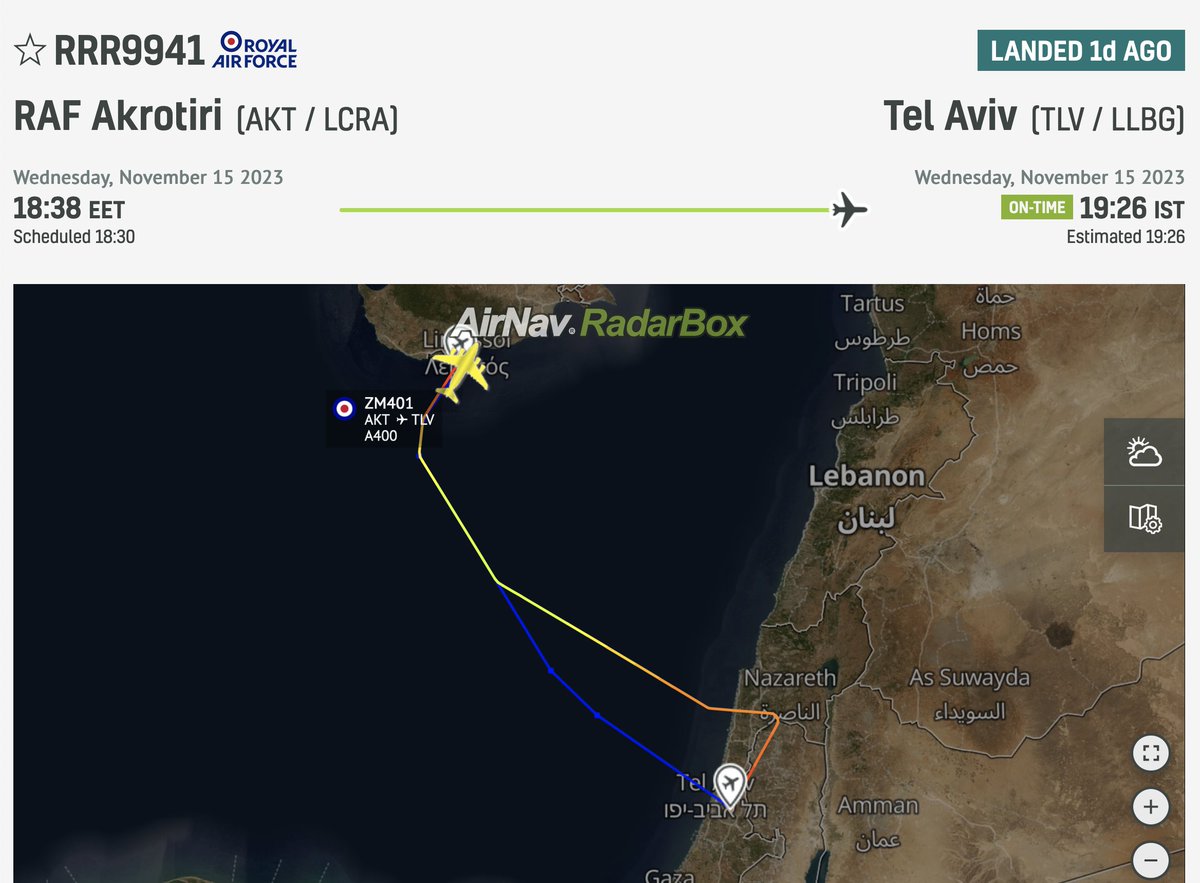 declassifiedUK's tweet photo. 🚨 At 7.26pm last night an A400M military transport aircraft—operated by RAF—landed in Tel Aviv.

The A400M can carry 116 soldiers and a 37,000kg payload.

UK military is refusing to provide any detail of what's onboard the dozens of flights it has flown to Israel in last month. https://t.co/ogy7z1isRq