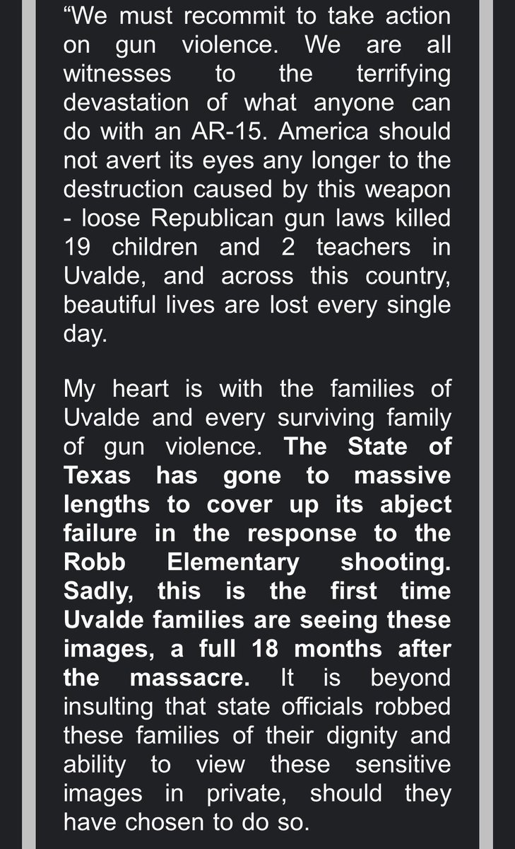 RolandForTexas's tweet photo. In light of today’s release of graphic mass shooting images by @washingtonpost, my heart is with the families of Uvalde and every surviving family of gun violence. 

The State of Texas has gone to massive lengths to cover up its abject failure in the response to the Robb Elementary shooting. Sadly, this is the first time Uvalde families are seeing these images, a full 18 months after the massacre. 

It is beyond insulting that state officials robbed these families of their dignity and ability to view these sensitive images in private, should they have chosen to do so.