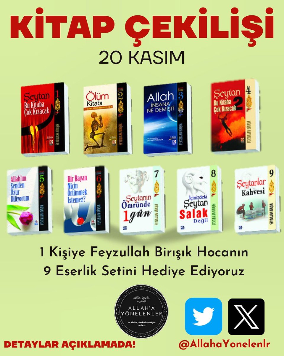 📚Kitap Çekilişi!
💢1 Kişiye Feyzullah Birışık Hocanın
9 Eserlik Şeytan Bu Sete Çok Kızacak Serisini Hediye Ediyoruz
💢Çekiliş Şartları
✅ Hesabı Takip Etmek
✅ Gönderiyi Rt(Repost) Etmek