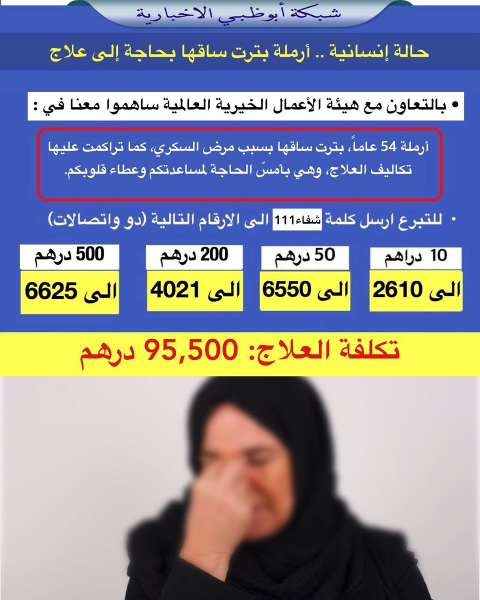 NET_AD's tweet photo. أرملة 54 عاماً، بترت ساقها بسبب مرض السكري، كما تراكمت عليها تكاليف العلاج، وهي بأمسّ الحاجة لمساعدتكم وعطاء قلوبكم. 

تكلفة العلاج: 95,500 درهم

للمساهمة ارسل كلمة ( شفاء 111 )
2881 (1000 د)
6625 (500 د)
4021 (200 د)
4040 (100 د)
6550 (50 د)
6030 (30 د)
6620 (20 د)
4615 (15 د)
2610 (10 د)
5205 (5 د)
6401 (1 د)
اتصالات و دو

للتبرع
https://t.co/3Ql6zD18g6

للتواصل
 0582199949

الخط الساخن واتساب:
https://t.co/3mK79VsIZH

#هيئة_الأعمال_الخيرية_العالمية #معكم_على_طريق_الخير #غزة #تراحم_من_اجل_غزة