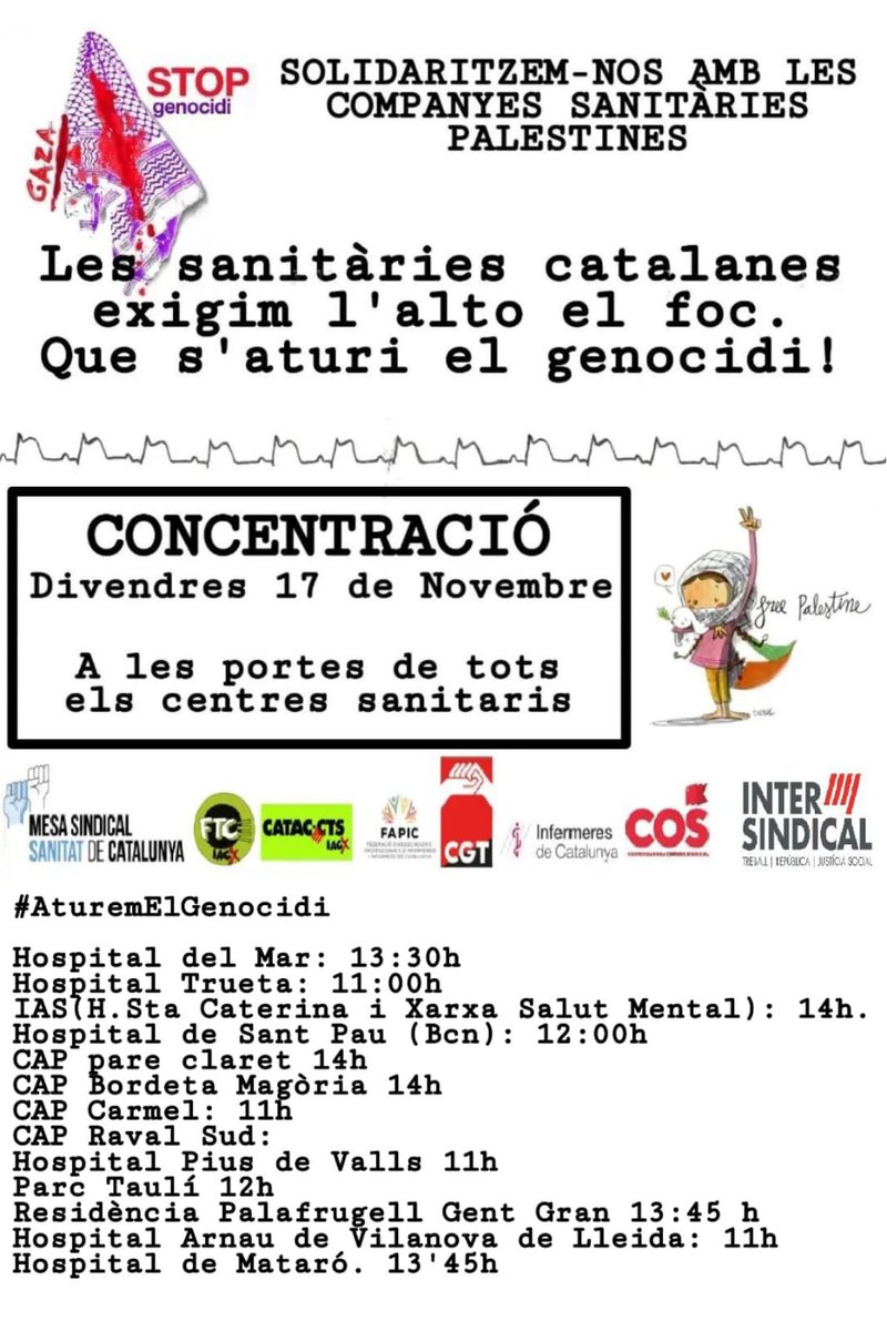 Demà, 17 de Novembre, concentracions de les sanitàries catalanes a les portes de tots els centres per exigir l'alto el foc i #AturemElGenocidi