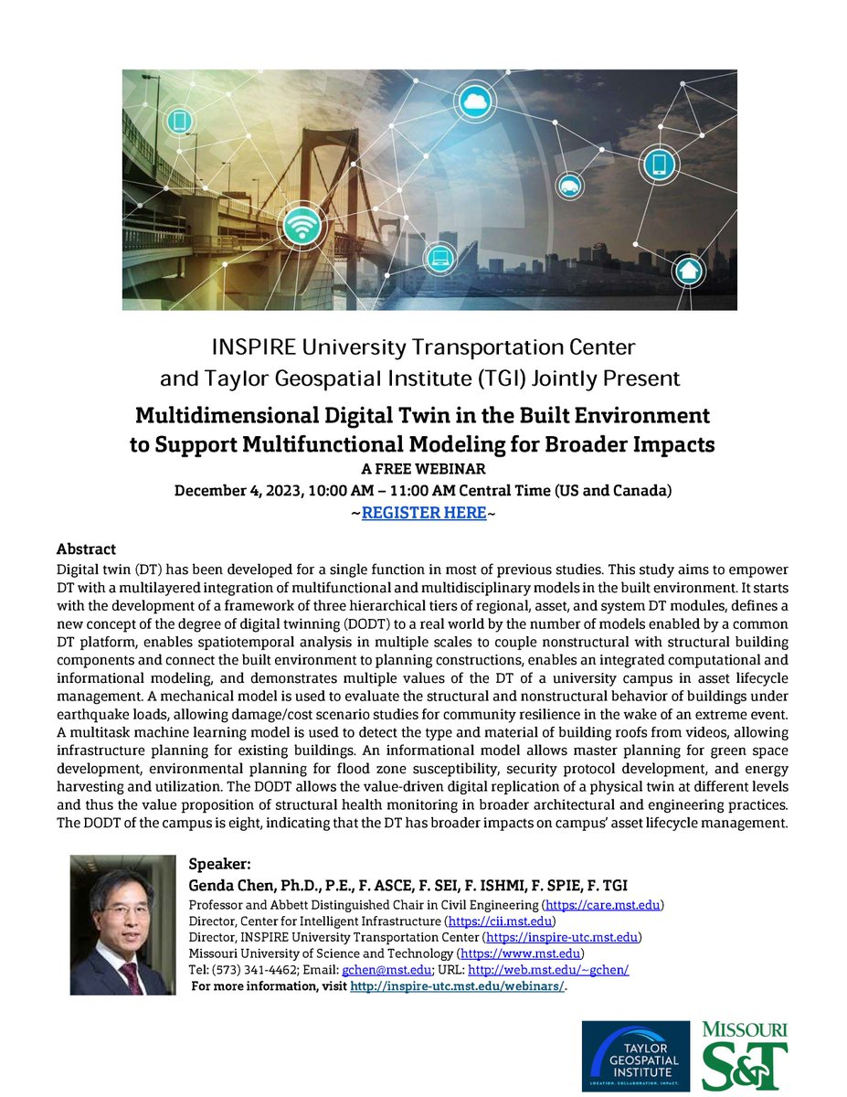 TaylorGeoAI's tweet photo. Tune in to this free webinar, presented by @TaylorGeoSTL and @MissouriSandT's INSPIRE - University Transportation Center. #TGI Fellow Genda Chen will discuss digital twins that model real-world challenges!

Dec 4 @ 10, Central

Register here - https://t.co/oBpsrXuhdl https://t.co/tACqyUr1cF