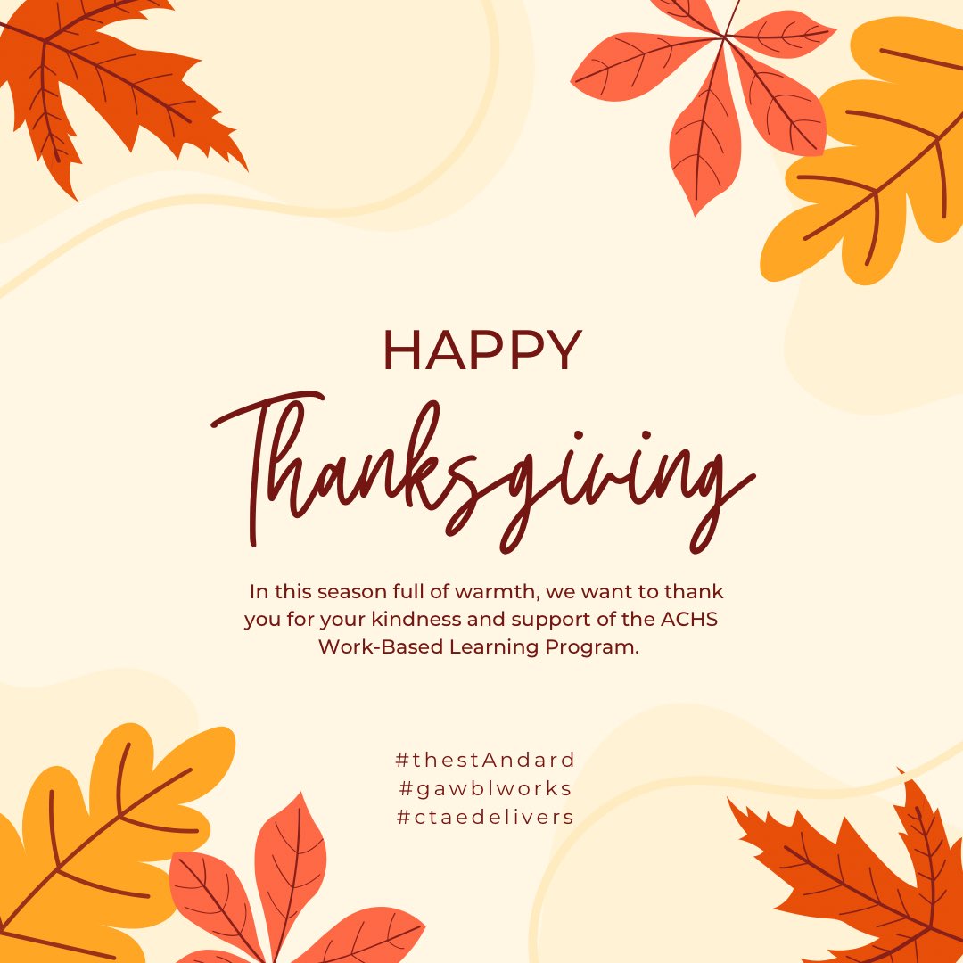 ACHS_WBL's tweet photo. Happy Thanksgiving to Appling County High School WBL students and employers. #thestAndard #gawblworks #ctaedelivers https://t.co/cQlFhvkbmL