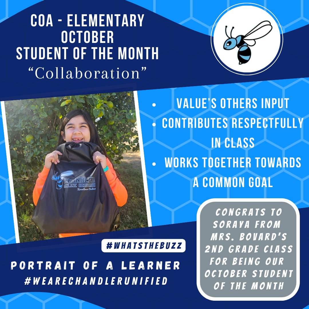 We are proud to announce our October Student of the Month recipient for Collaboration 💙🎉🐝🎉🖤 #WhatstheBuzz <a href="/CUSD_Online/">Chandler Online Academy</a> <a href="/ChandlerUnified/">Chandler Unified School District</a>  #wearechandlerunified #excellenceonline