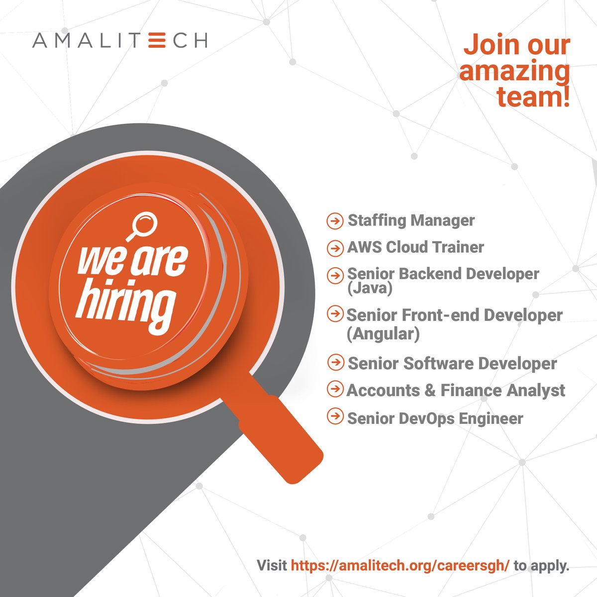 amali_tech's tweet image. Exciting news! 
We're expanding our diverse team at AmaliTech in #Ghana. 
Positions available include Staffing Manager, #AWS Cloud Trainer, Senior Developers, Accounts &amp;amp; Finance Analyst, and more. 
If you're driven and ready to contribute to a mission-driven company, apply now: