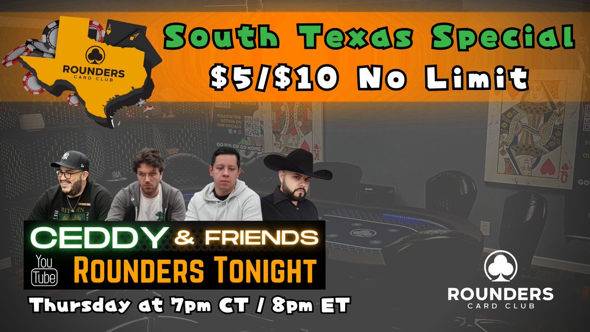 🔥We've got a special $5/$10 NLH cash game stream tonight with some out of town guests!

Join us at 7pm (8pm ET) to learn more about our Spanish crushers who will be joining <a href="/Poker_Traveler/">Cedrric “Ceddy” Trevino</a> &amp; friends.
🔗youtube.com/live/LZvnyKd0O… ⬅️

<a href="/RoundersCard_SA/">Rounders Card Club (Has Moved)</a> #poker #livepoker
