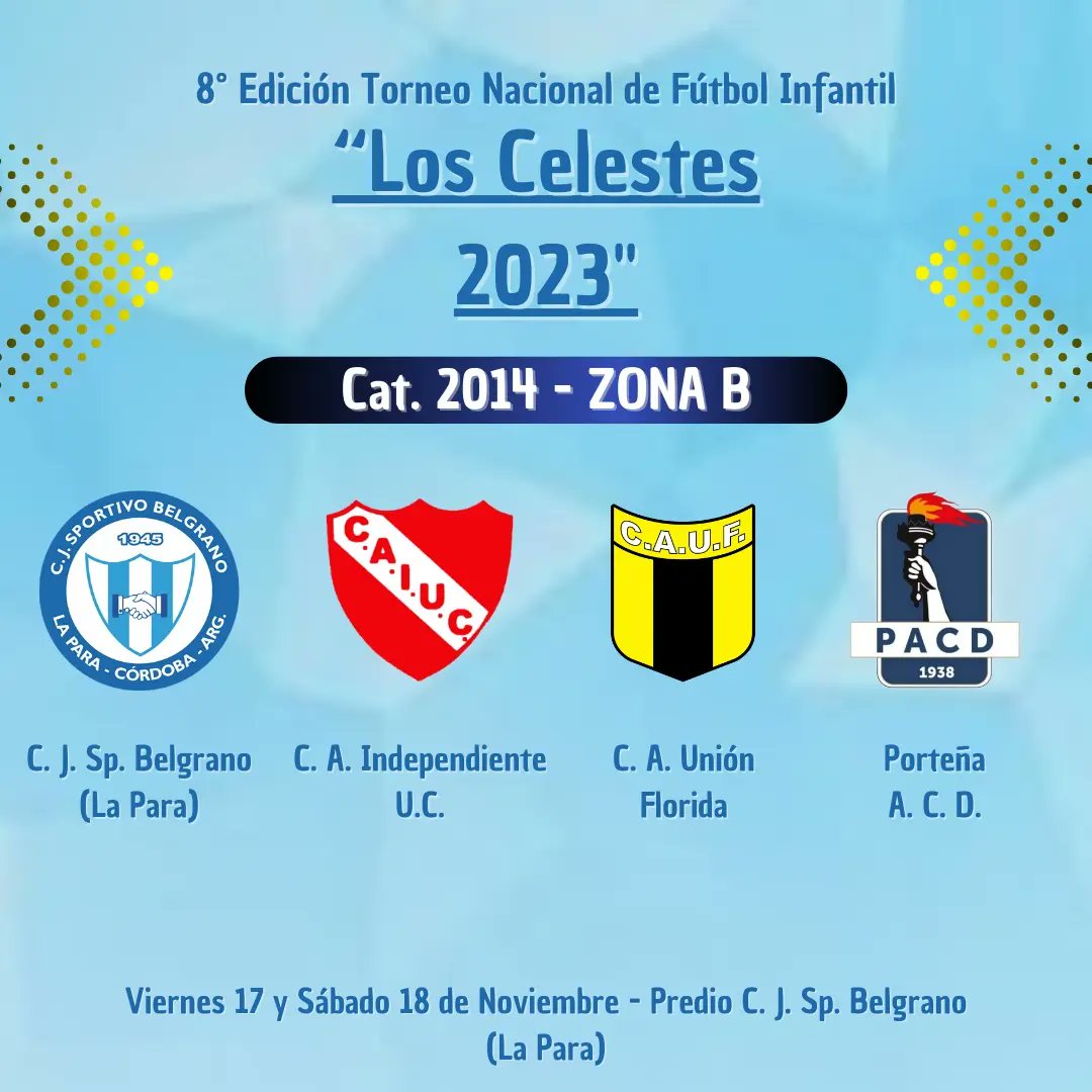 SE VIENE EL TORNEO "LOS CELESTES"

Nuestros juveniles continúan la actividad y este viernes 17 y sábado 18 de noviembre, las categorías 2012, 2013 y 2014 juegan el Torneo "Los Celestes 2023", organizado por el Club Sp. Belgrano (La Para).

👇🏼Estas son las zonas de cada categoría