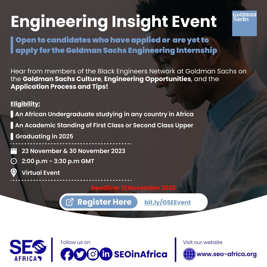 SEOinAfrica's tweet photo. Are you looking for an internship opportunity at Goldman Sachs?

Take advantage of this event to learn about the culture at Goldman Sachs, their engineering opportunities, the application process, as well as tips on submitting a successful application.

1/2 https://t.co/vk7VaAmymv