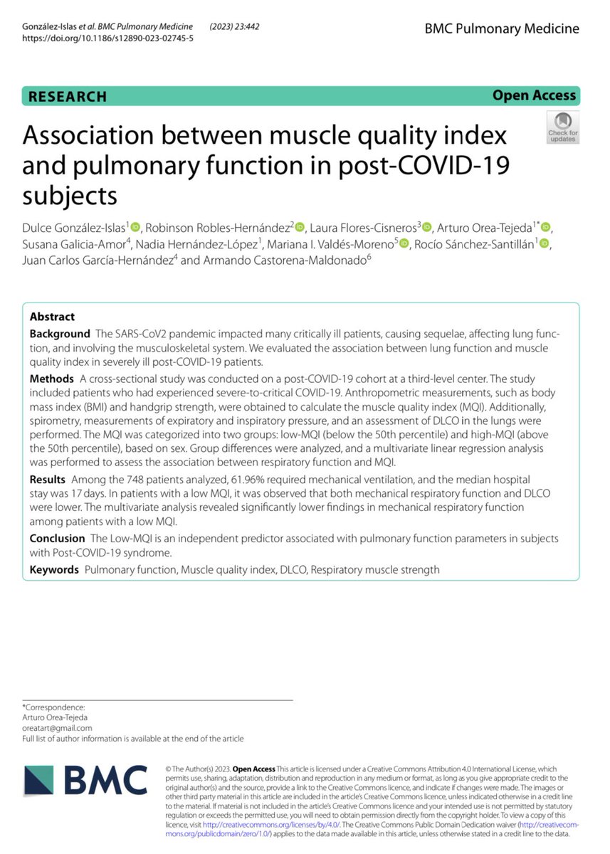 clic_cardioiner's tweet photo. La baja calidad muscular es un predictor independiente de la función pulmonar en pacientes PostCovid

Trabajo original de la Clínica de Insuficiencia Cardíaca de @RespiraINER

🖥️ DOI: 10.1186/s12890-023-02745-5
Vía: @SpringerNature 
 
#ClicIner #INER #postcovid #calidadmuscular https://t.co/Ep9ZazYuSw