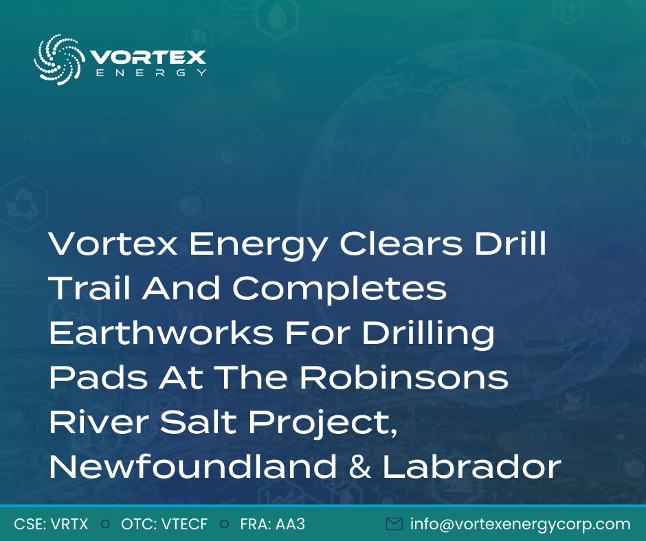 VRTXEnergy's tweet photo. Vortex Energy Clears Drill Trail And Completes Earthworks For Drilling Pads At The Robinsons River Salt Project, Newfoundland &amp; Labrador $VRTX $VTECF #salt #hydrogen #mining 

https://t.co/EtCxxzBdg9 https://t.co/oQCI8tgLmJ