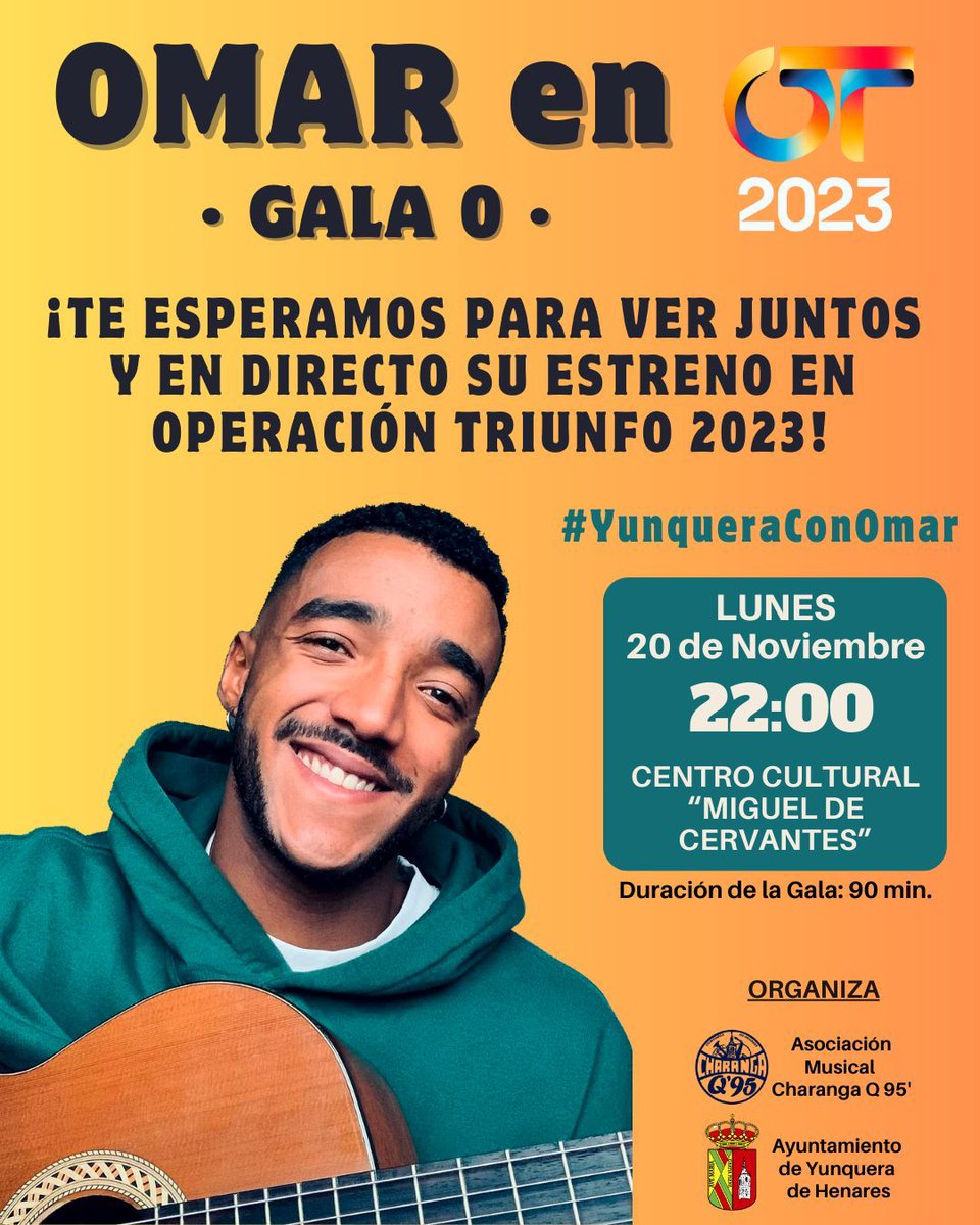 👏¿Quieres apoyar a nuestro Omar en la Gala 0 de <a href="/OT_Oficial/">Operación Triunfo</a>? 

📺Sigámoslo en directo desde el Centro Cultural "Miguel de Cervantes" a las 22 horas  

#YunqueraConOmar  #OT2023 
#CreciendoContigo