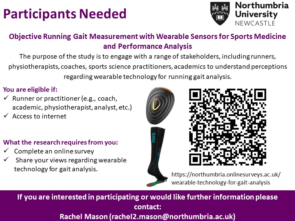 As part of my PhD, we are looking to understand experiences and expectations regarding wearable technology for gait analysis via an online survey. The survey should take approx. 15 minutes to complete and can be found at the link below. Please share!
lnkd.in/et_vu_qp