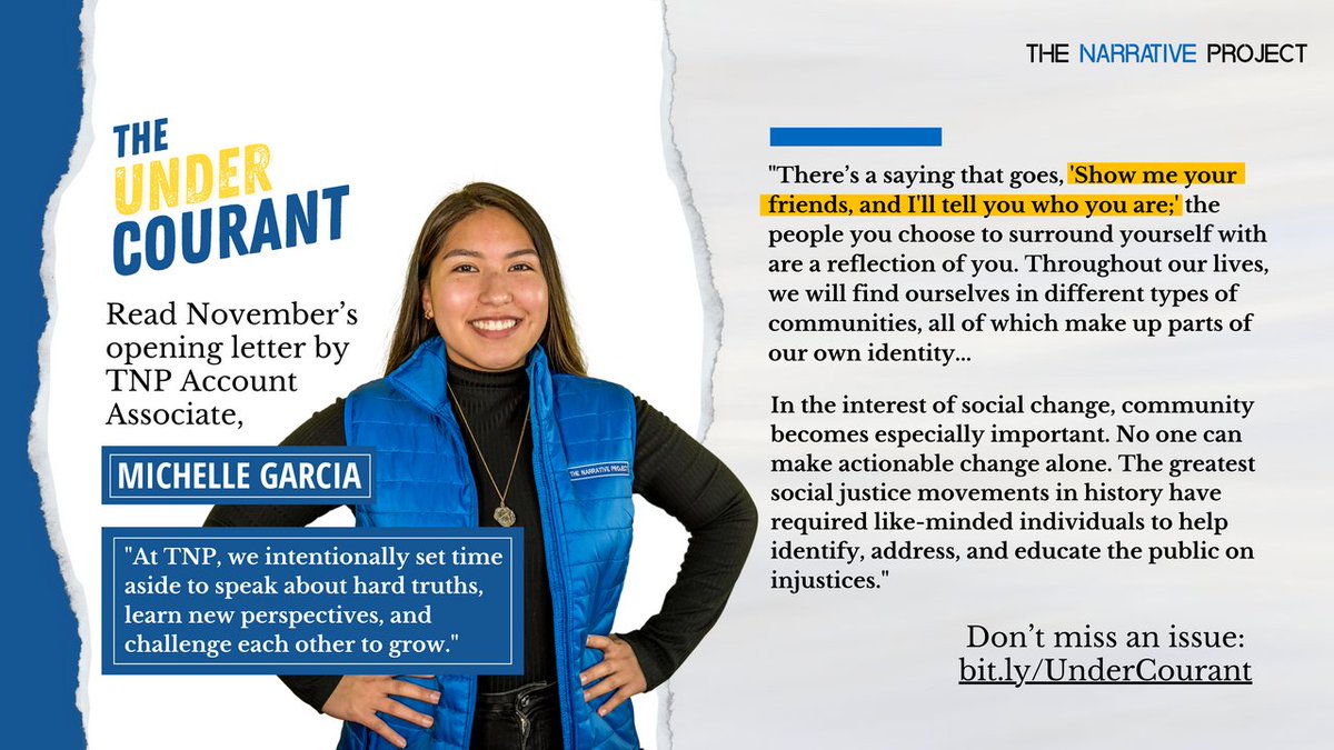 TNP_CT's tweet image. Michelle Garcia opens up this month&apos;s Under Courant with raw reflections on community impact and intentional dialogue. Real talk for real change. 

Our next newsletter comes out in Dec.
 
Sign up: bit.ly/UnderCourant

#TheUnderCourant #SubscribeNow #TheNarrativeProject #tnp