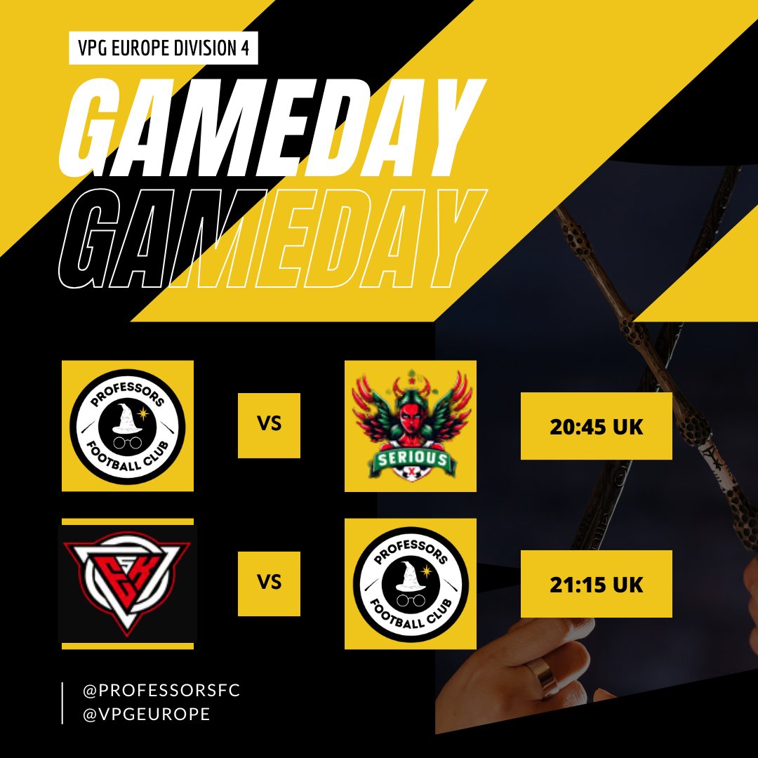 Professors FC (@professorsfc) on Twitter photo It’s GAMEDAY for the Professors in the <a href="/OfficialVPG/">Virtual Pro Gaming</a> Europe League 4! ⚽️
🆚Serious X @ 20:45 UK
🆚ESK Esports @ 21:15 UK
#upthewizards 🟡⚪️ It’s GAMEDAY for the Professors in the <a href="/OfficialVPG/">Virtual Pro Gaming</a> Europe League 4! ⚽️
🆚Serious X @ 20:45 UK
🆚ESK Esports @ 21:15 UK
#upthewizards 🟡⚪️