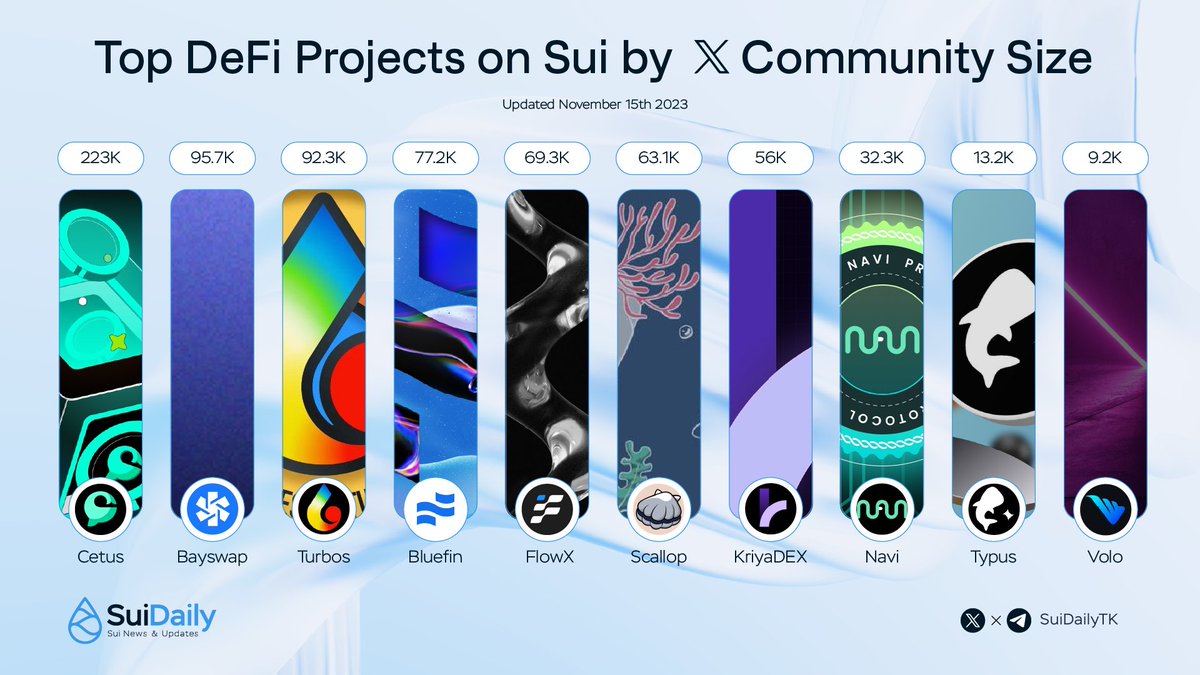 Top DeFi Projects on Sui by Community Size 🫂

🥇 <a href="/CetusProtocol/">Cetus🐳</a>
🥈 <a href="/bayswap/">BaySwap.io</a>
🥉 <a href="/Turbos_finance/">Turbos Finance</a>
<a href="/bluefinapp/">Bluefin</a> 
<a href="/FlowX_finance/">FlowX Finance 🦓</a>
<a href="/Scallop_io/">Scallop</a>
<a href="/KriyaDEX/">Kriya</a>
<a href="/navi_protocol/">NAVI Protocol</a>
<a href="/TypusFinance/">Typus Finance</a>
<a href="/volo_sui/">Volo</a>