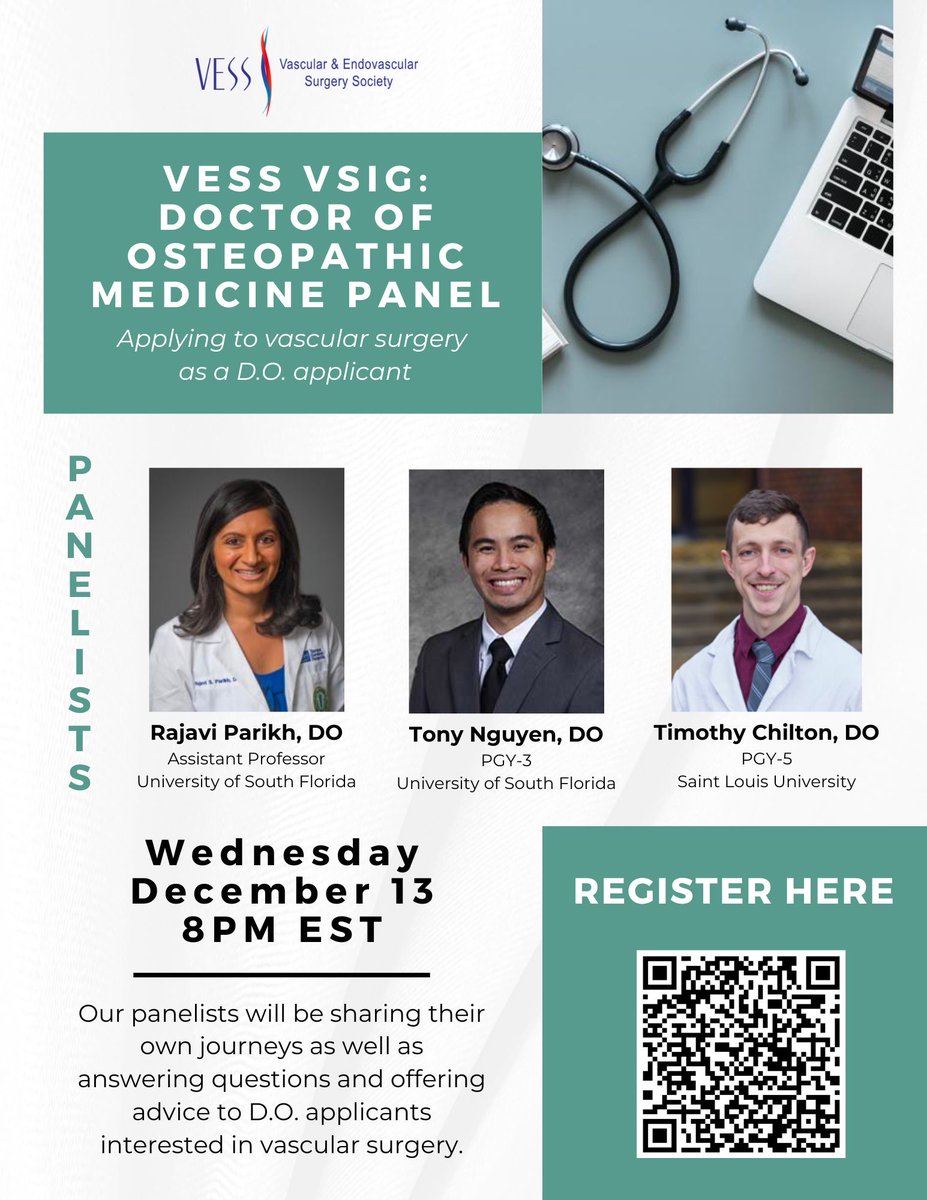 D.O. MED STUDENTS LISTEN UP! If you are even remotely interested in Vascular Surgery, then please join VESS VSIG for our Vascular surgery as a D.O. applicant panel! We have some amazing panelists for you so please register and save the date!
Not interested? Please Retweet! 🩸