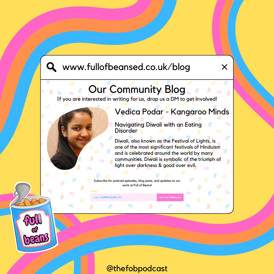Full of Beans - The ED Awareness Podcast (@thefobpodcast) on Twitter photo Read Vedica's blog about #diwali and #eatingdisorders here: lnkd.in/embigBhN
<a href="/KangarooMinds/">Kangaroo Minds</a>
#mentalhealth Read Vedica's blog about #diwali and #eatingdisorders here: lnkd.in/embigBhN
<a href="/KangarooMinds/">Kangaroo Minds</a>
#mentalhealth