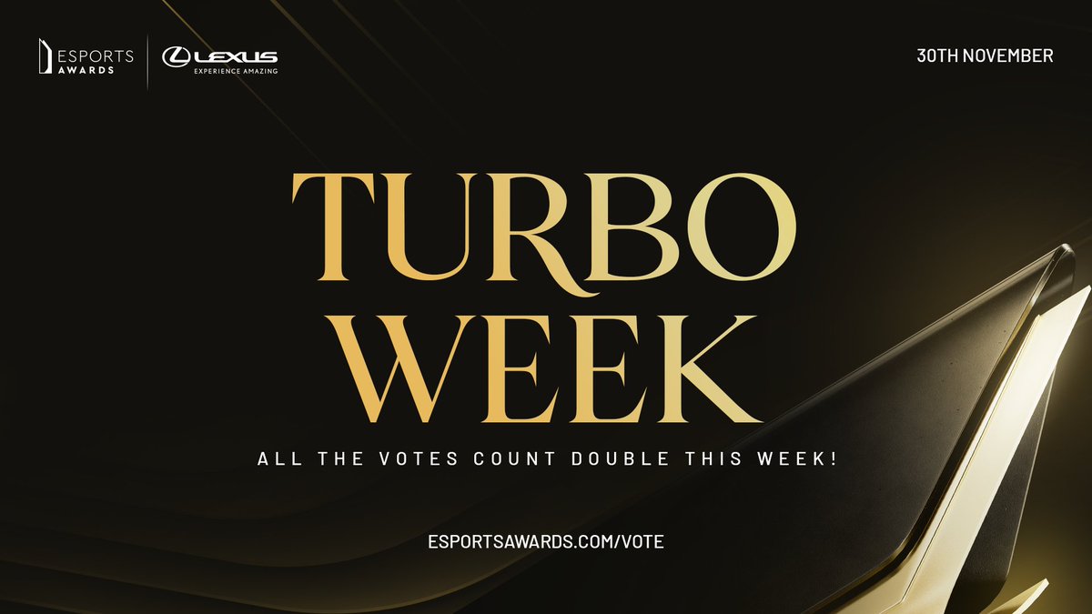 esportsawards's tweet image. 📢 Calling all esports fans! Turbo Week is live at the Esports Awards, and your votes carry TWICE the power! 💥

Show your love for your favorite finalists and vote every day from Nov 13 to Nov 20. 

✅ Vote now: esportsawards.com/vote/

#EsportsAwards2023 #TurboWeek
