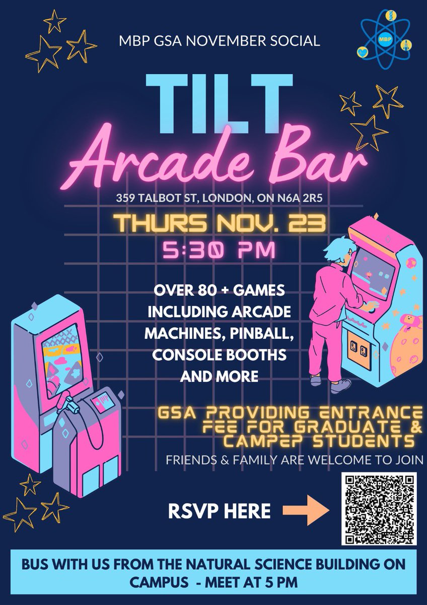 MBP_GSA's tweet image. Hey MBP! Join us for a fun evening at the Tilt Arcade bar.
When: Thursday November 23 @ 5:30pm
Where: 359 Talbot St, London, ON N6A 2R5
Entrance Fee will be covered for all MBP grad & CAMPEP students.
RSVP by Monday November 20, 2023 forms.gle/FfNijJfo4V3XkC…