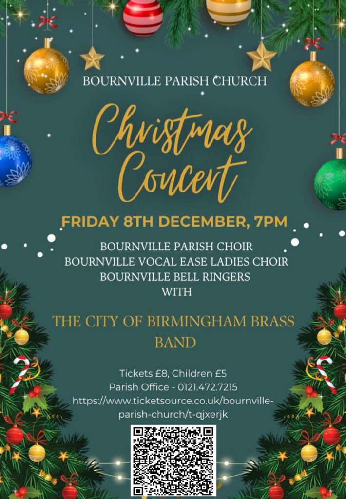 🎄🎄CHRISTMAS CONCERT 🎄🎄

Join The City of Birmingham Brass Band for an evening of festive fun. 

📆 Friday 8th December 
⏰ 7:00PM
📍Bournville Parish Church 

Bournville Bell Choir

Scan the QR Code or click the link below: 

ticketsource.co.uk/bournville-Par…

#CBBB #BrassBand