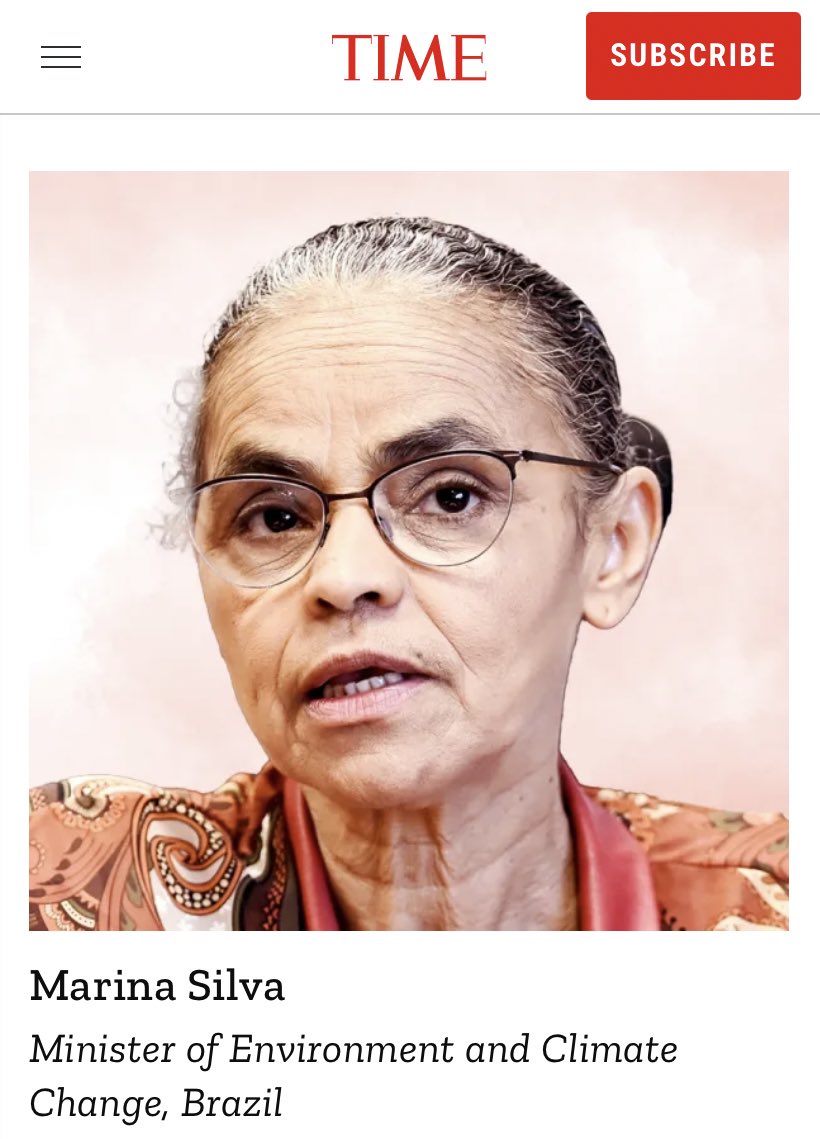 A Revista Time escolheu nossa Ministra <a href="/MarinaSilva/">Marina Silva</a> como uma das maiores lideranças contra as mudanças climáticas.

É sob sua gestão no Ministério do Meio Ambiente que o Brasil está retomando seu protagonismo nessa emergência global.

Pra citar alguns números, o desmatamento na