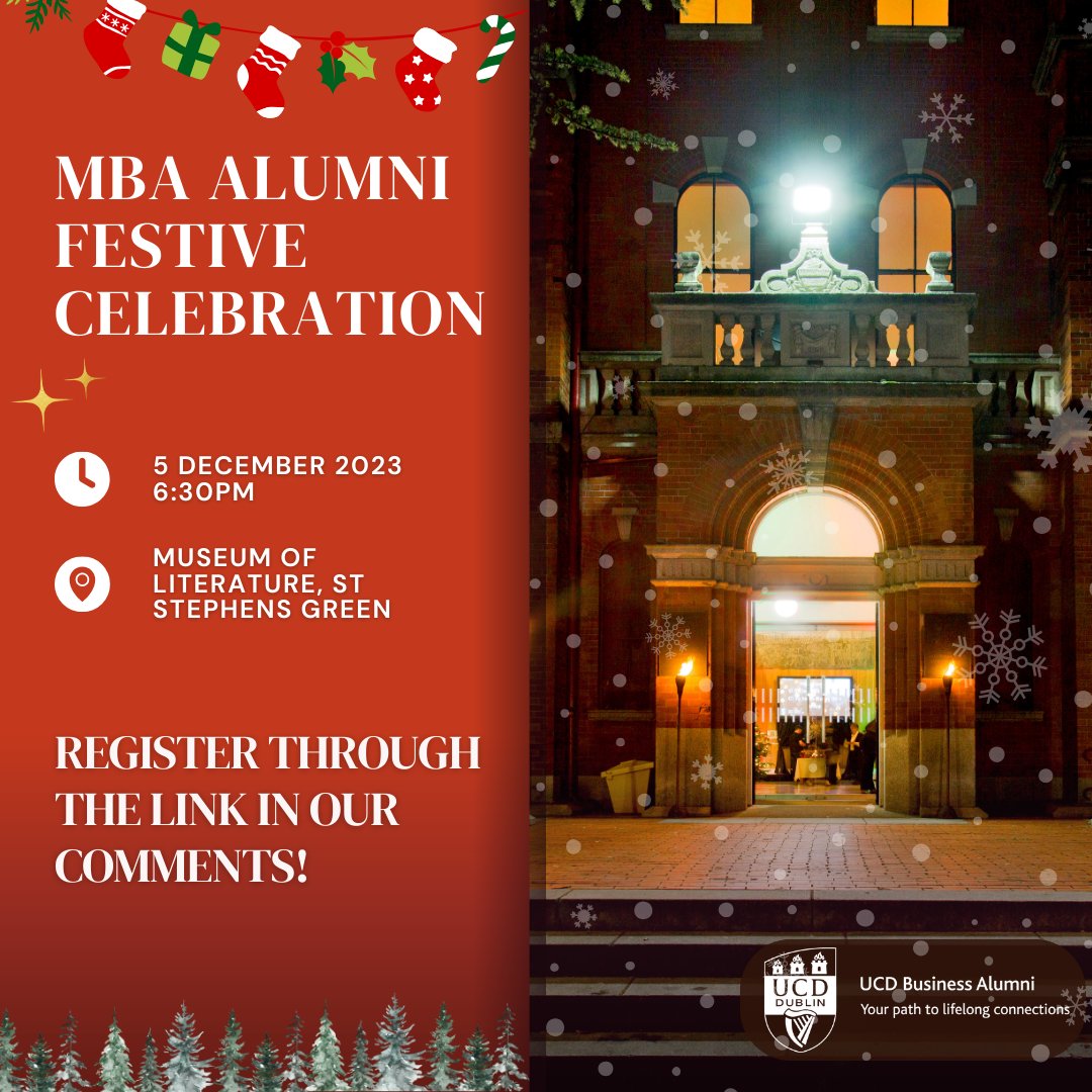 We are inviting you to reconnect with fellow MBA alumni over mulled wine and canapés while enjoying the festivities. Join us on December 5th at the Museum of Literature Ireland. Places are limited, Register in our Comments! bit.ly/47d4OZe #ucdalumni #ucdmba #ucdsmurfit