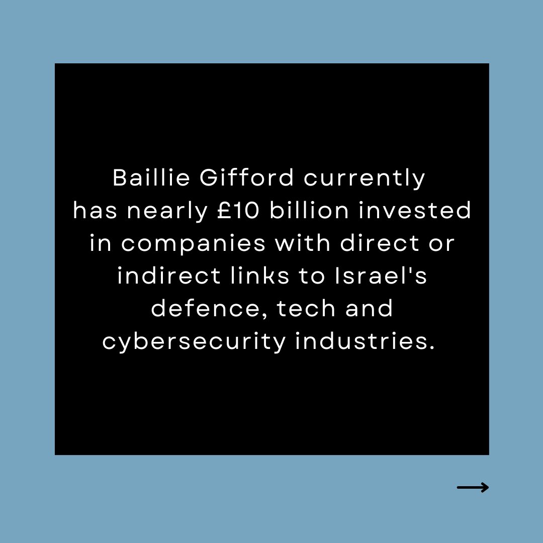 As all eyes turn to the @BGPrize ahead of the #BGPrize2023 winner announcement tonight, we want to draw attention to @BaillieGifford’s investments of *almost £10bn* in companies with direct or indirect links to Israel’s defence, tech and cybersecurity industries. 

🧵 a thread: