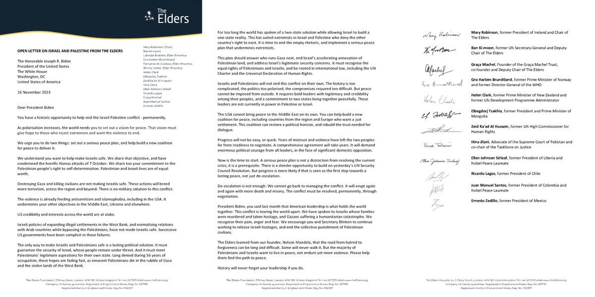 The Elders (@theelders) on Twitter photo Dear President Biden
You have a historic opportunity to help end the #Israel-#Palestine conflict - permanently.
We urge you to:
âś… Set out a serious peace plan
âś… Help build a new coalition for peace to deliver it
Read our Open Letter to <a href="/POTUS/">President Donald J. Trump</a> here: theelders.org/news/dear-pres… Dear President Biden
You have a historic opportunity to help end the #Israel-#Palestine conflict - permanently.
We urge you to:
âś… Set out a serious peace plan
âś… Help build a new coalition for peace to deliver it
Read our Open Letter to <a href="/POTUS/">President Donald J. Trump</a> here: theelders.org/news/dear-pres…