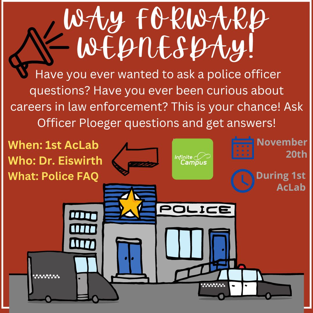 Ask Officer Ploeger your questions and learn about careers in law enforcement! Enroll Way Forward Wednesday on Monday, November 20th during 1st AcLab. Look for Dr. Eiswirth Police FAQ in IC! See the attached graphic for more information!
 #ehs #eurekawildcats #ehsreads #library