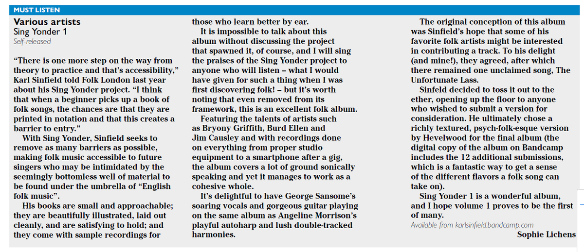 Thanks so much to Sophie Lichens for this wonderful review of Sing Yonder 1 in @FolkLondonMag - hitting the nail on the head so many times I think it's gone right through the wall and out of the other side. Hurrah!