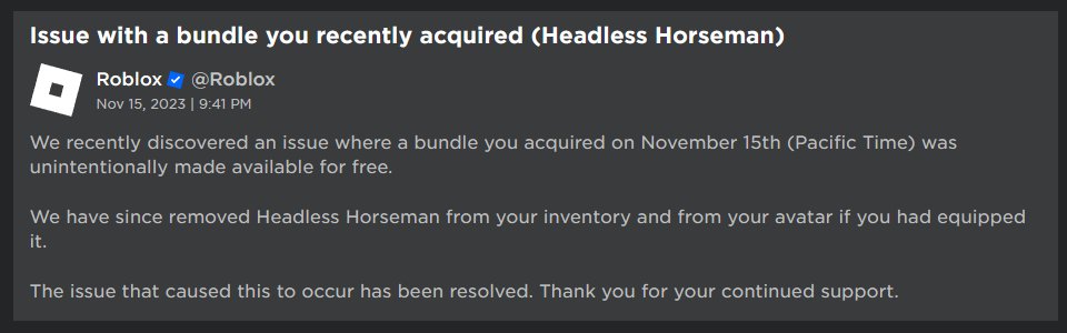 Roblox Accidentally Gives Away Headless Horseman For Free