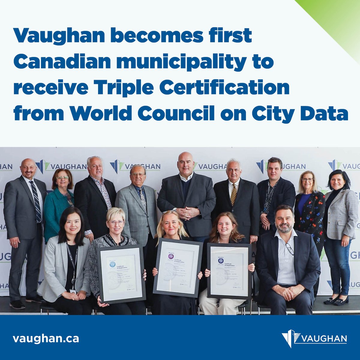 City_of_Vaughan's tweet photo. We are building a resilient, sustainable, smart and prosperous city! The City of Vaughan has become the first Canadian municipality to receive Triple Certification from the World Council on City Data. Learn more about our data-driven decision-making: https://t.co/oqwm9KQbao https://t.co/AhKCcedjxo