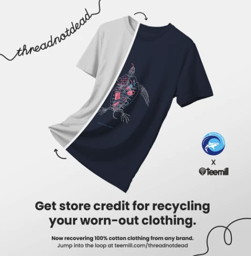 Seasaver's tweet photo. Less than 1% of all clothing is turned back into new clothing at the end of its life. If fashion is serious about circularity, then it’s time to think about ‘making back’ not just ‘taking back’.
Today, @Teemillstore has launched a #threadnotdead campaign, meaning it will take back 100% cotton clothing from any brand, in any condition, and will make sure that it’s recycled back into new clothing.
Shop #BluePlanetSociety merchandise via Teemill: https://t.co/M6r3iTBvdM