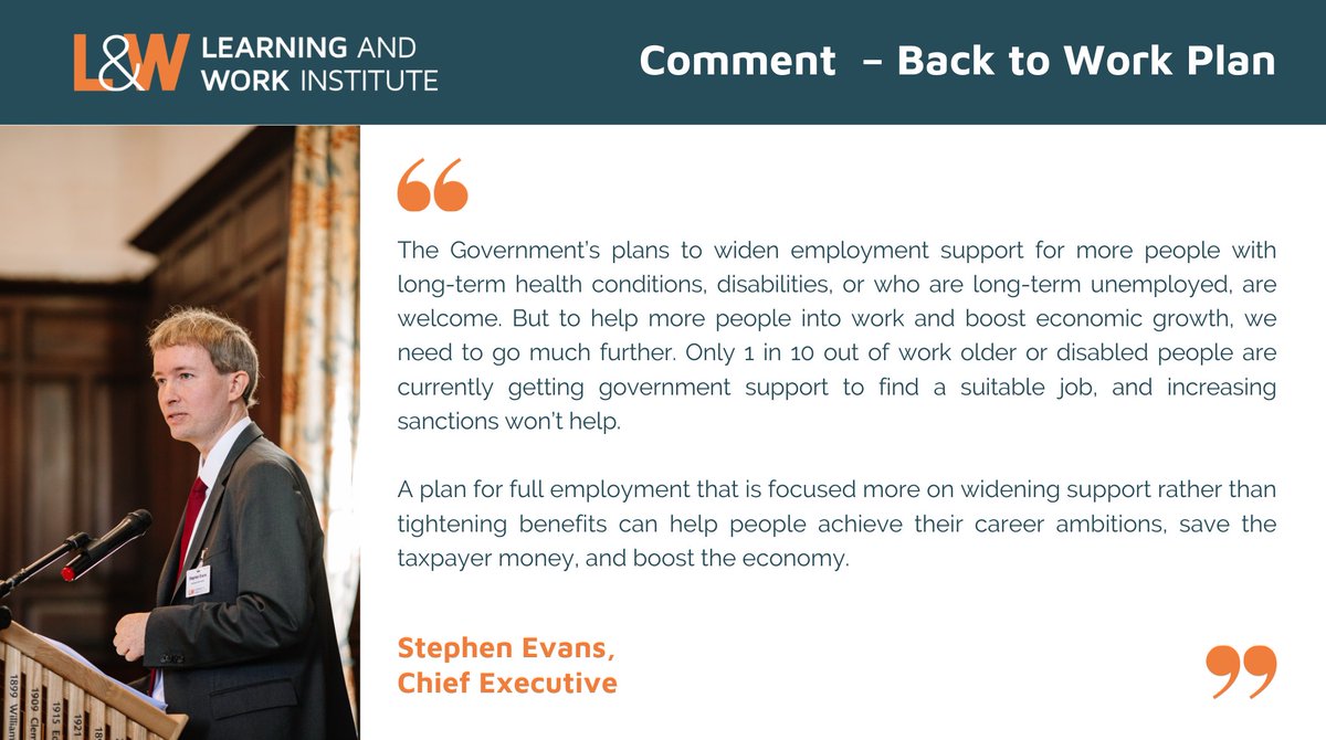 L&W chief exec @Stephen_EvansUK responds to the Government’s Back to Work Plan, announced on 16 November 2023. learningandwork.org.uk/news-and-polic… @DWPgovuk @hmtreasury @DHSCgovuk