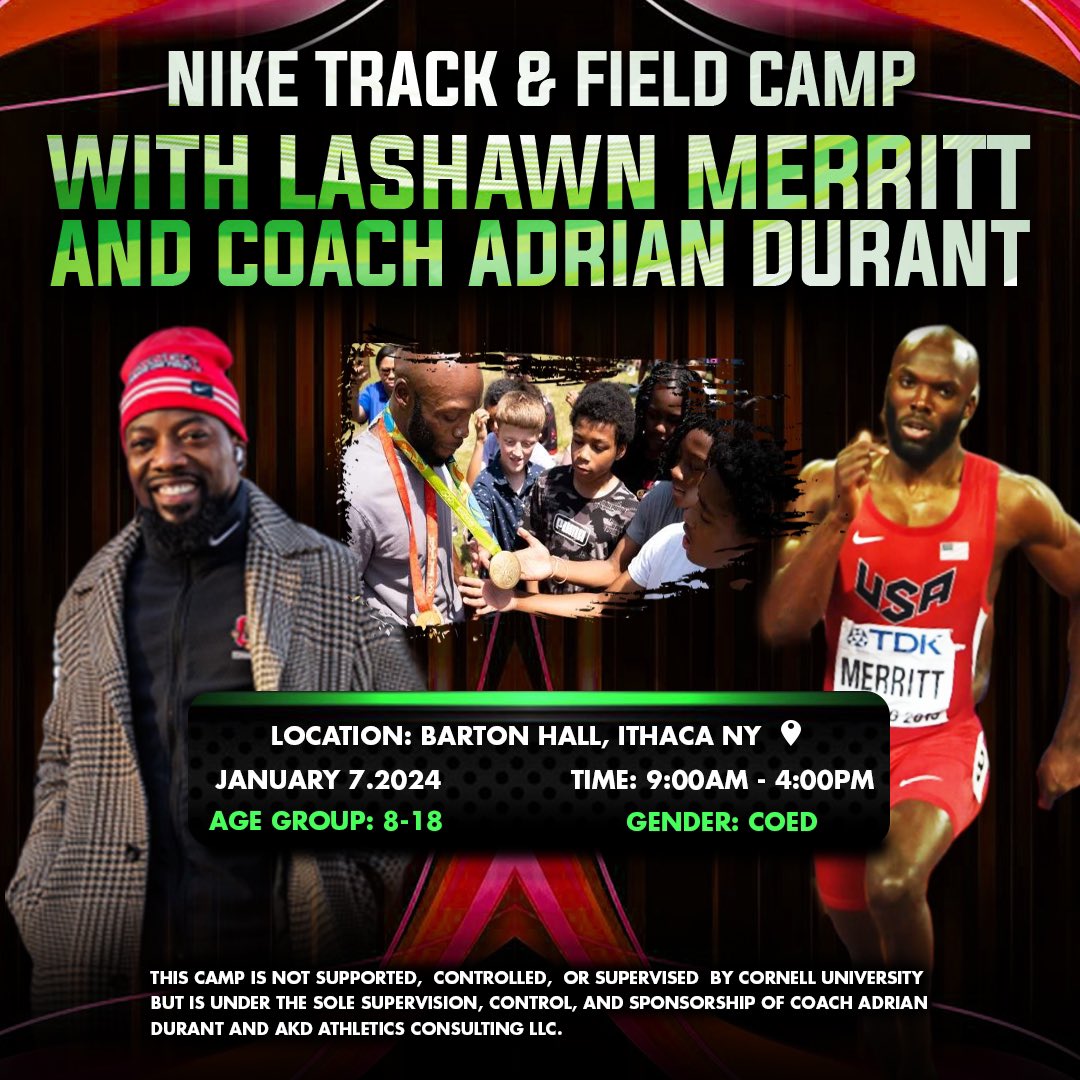 🚨I’m teaming up with Olympian Lashawn Merritt and Nike to host a Youth Track &amp; Field Camp on January 7th on Cornell’s Campus in Ithaca NY!

Sign up today, spots are filling up fast!

Registration link: ussportscamps.com/track-field/ni…