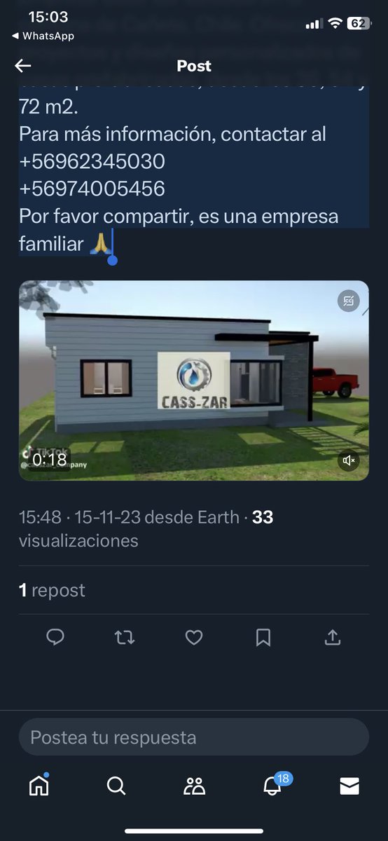 CiudadanZero's tweet photo. Recomiendo seguir a joven Pyme.
✍️@ignacia1DMS 💯🇨🇱💪Patriota y sureña.
Una emprendedora.

Empresa Cass-zar, ubicada comuna de Cañete.  Proyectos y diseños personalizados, casas prefabricadas, desde 36, 54 y 72 m2.
🙏contactar:
 +56962345030
+56974005456

Favor RT y compartir ✍️ https://t.co/IyfBaVKh7E