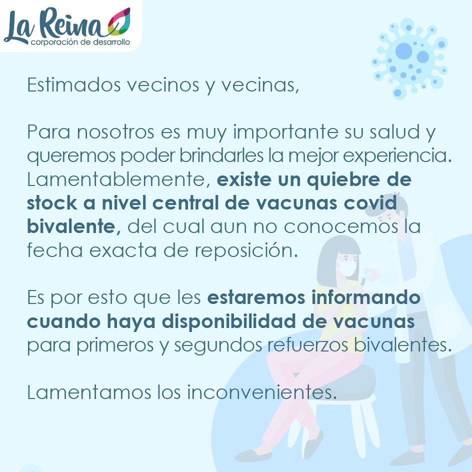 corplareina's tweet photo. Atención vecinos 🚨
Existe un quiebre de stock a nivel central de vacunas COVID bivalente 💉 Estaremos información cuando haya disponibilidad de vacuna en el Vacunatorio Comunal.
#CorpLaReina #LaReina #ComunaLaReina #SaludLaReina https://t.co/aihpGwYCFf
