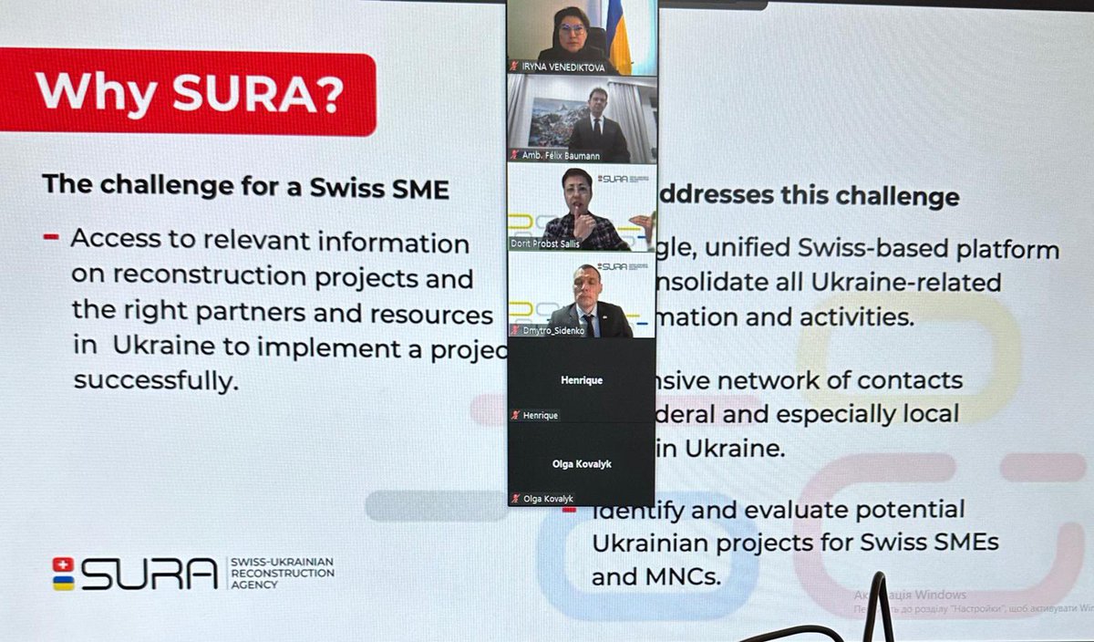 VenediktovaIV's tweet photo. Was honoured to bring a welcome word on the opening of the first SURA conference with 120+🇨🇭 business representatives. Talked about the implementation of the #RecoveryUkraine and de-risk of investment in 🇺🇦. Thanks to @SwissUA, @JCC20162020 and @USBA. https://t.co/cUwrFEIJwn