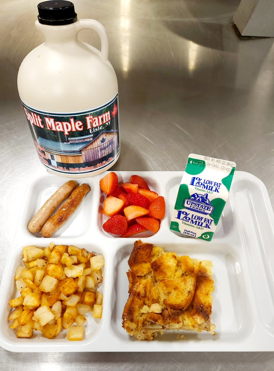 DrydenLionPride's tweet image. Yesterday, students had brunch for lunch! 🍓 🥞🍴🥛

They enjoyed homemade cinnamon french toast casserole, sausage, home fries, strawberries, and local maple syrup! The maple syrup is from our HR Specialist, Jordan Kashuba’s maple sugar farm in Lisle, NY! #scratchcooking #local