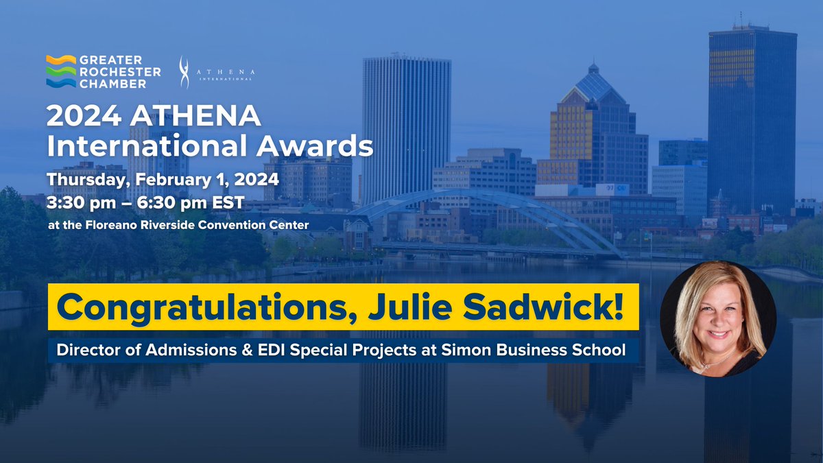 SimonSchool's tweet photo. Exciting news! 🎉 Our very own Julie Sadwick, Director of Admissions & EDI Special Projects at #URSimon, is a finalist for the prestigious 2024 ATHENA International Award in Greater Rochester, NY! 🙌👏 Congratulations, Julie! @ATHENAleaders @RochesterChambr #SimonProud https://t.co/gfkIq7xdhm
