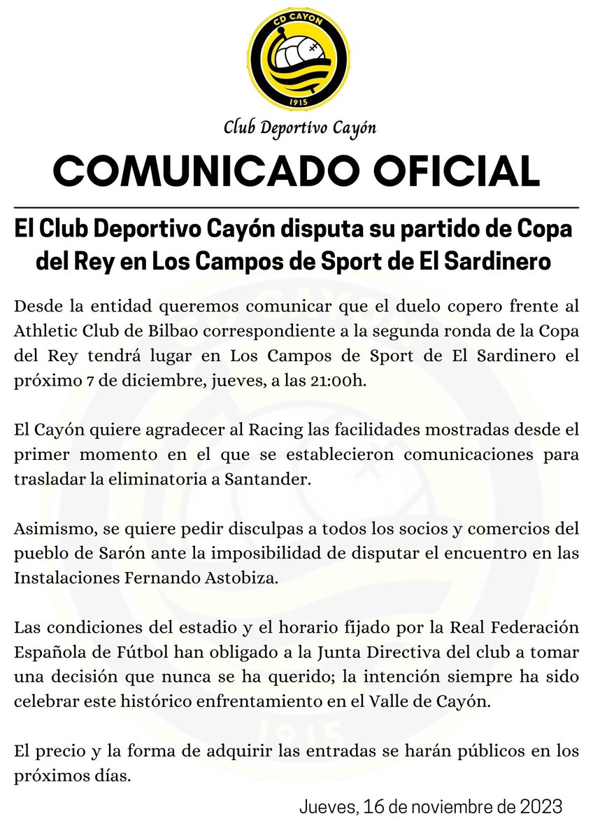 CDCayon's tweet photo. ℹ️ 𝗖𝗢𝗠𝗨𝗡𝗜𝗖𝗔𝗗𝗢 𝗢𝗙𝗜𝗖𝗜𝗔𝗟 #CopaDelRey https://t.co/hhAdfLOEL0