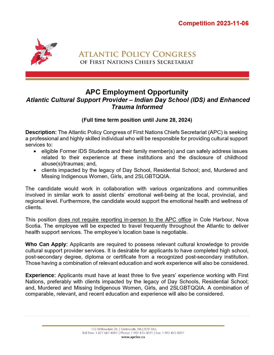 apcfncs's tweet photo. Career Opportunity! 

The Atlantic Policy Congress of First Nations Chiefs Secretariat (APC) is on the lookout for a compassionate and highly skilled individual to take on the crucial role of Cultural Support Services Coordinator.

Learn more here:
https://t.co/8VCrDTRqBx

#job https://t.co/eQcG2zEBsx