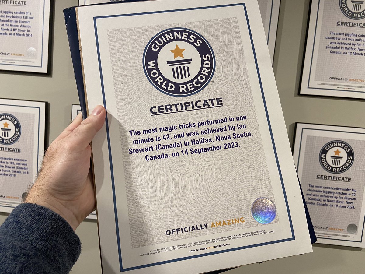 I brought the world record for most magic tricks performed in one minute back to Canada!  This arrived today.  Record broken in Halifax, Nova Scotia on September 14, 2023.